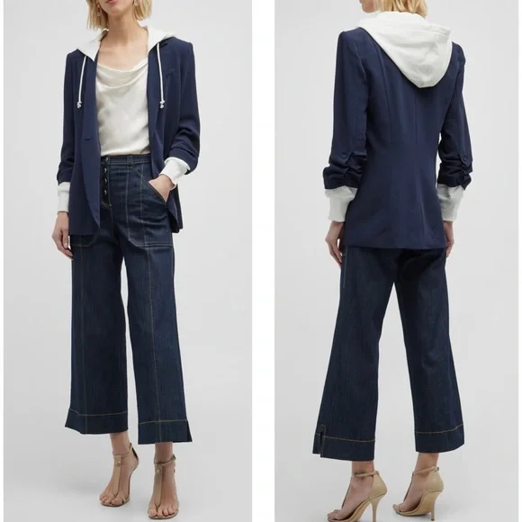 Cinq a Sept Women’s Hooded Relaxed Fit Navy Blue and White Khloe Blazer Jacket - Picture 3 of 15